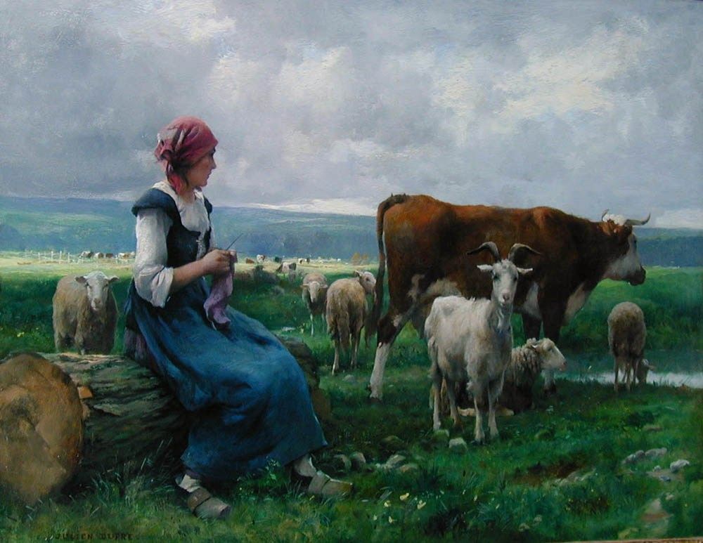 Julien Dupre Shepherdess with Goat Sheep and Cow
